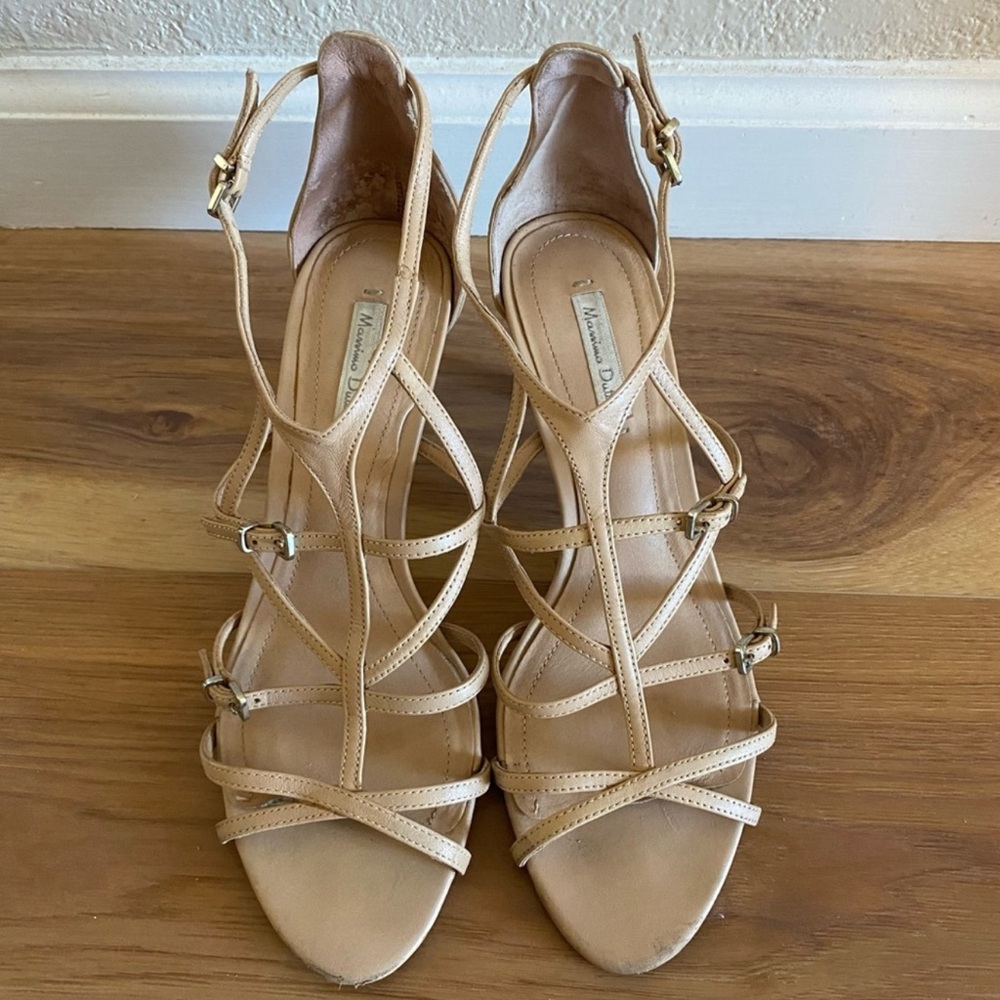 Massimo Dutti strappy leather heeled sandals in beige/caramel/nude color…